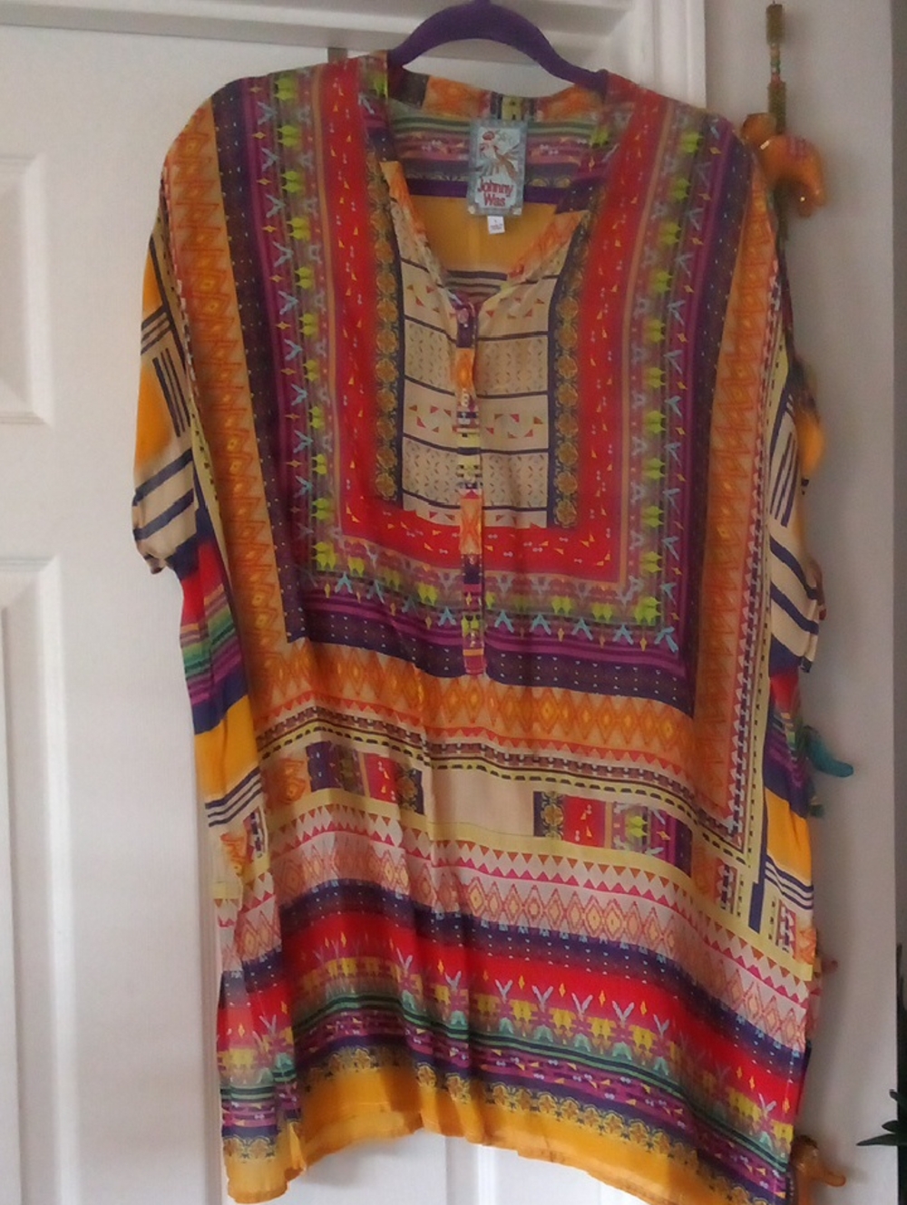 Johnny Was Multicolor Embroidered Label Top with Mustard Panel